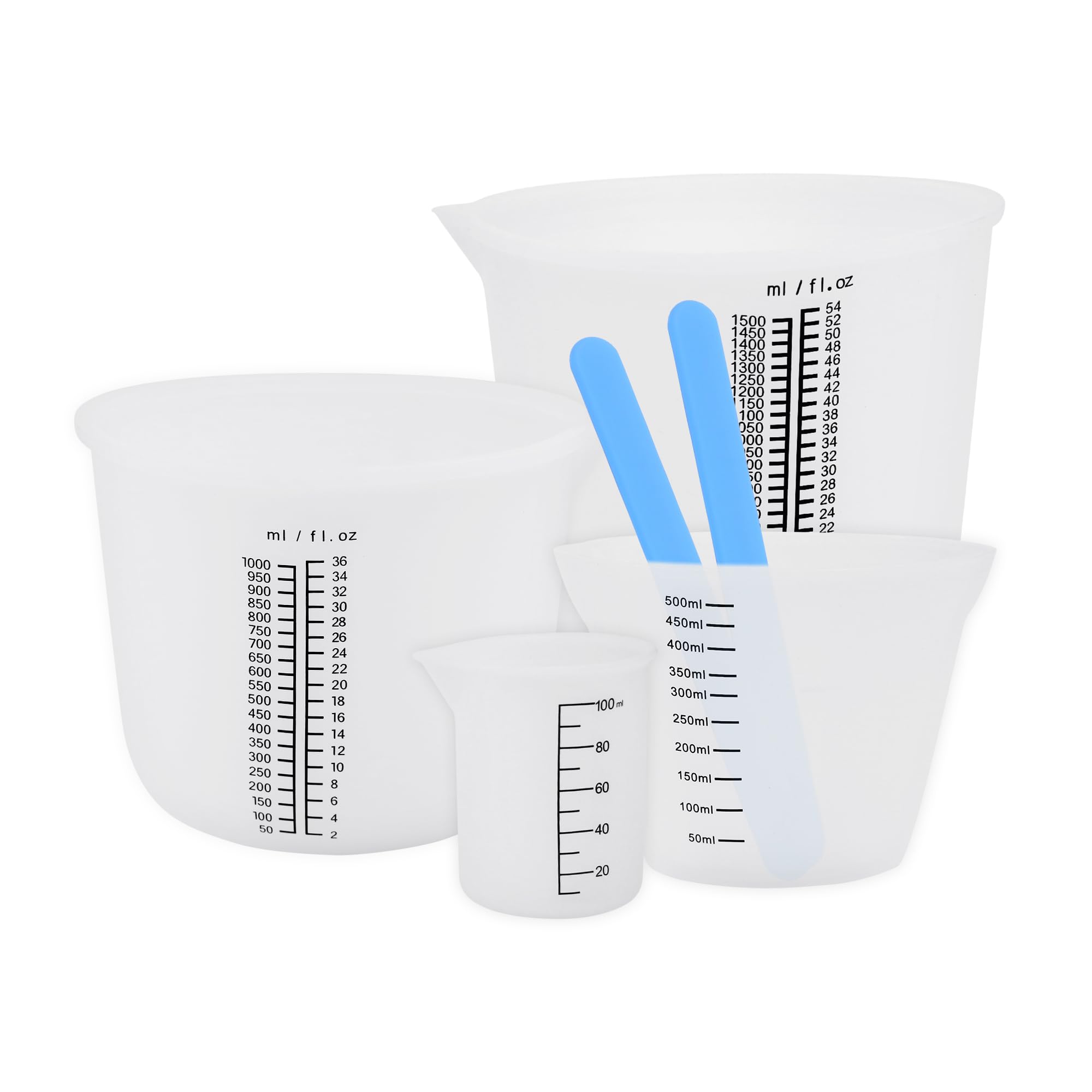 Lot de gobelets doseurs en silicone pour résine époxy, 1500 ml/1000 ml/500 ml/1000 ml, verre doseur en silicone, facile à nettoyer