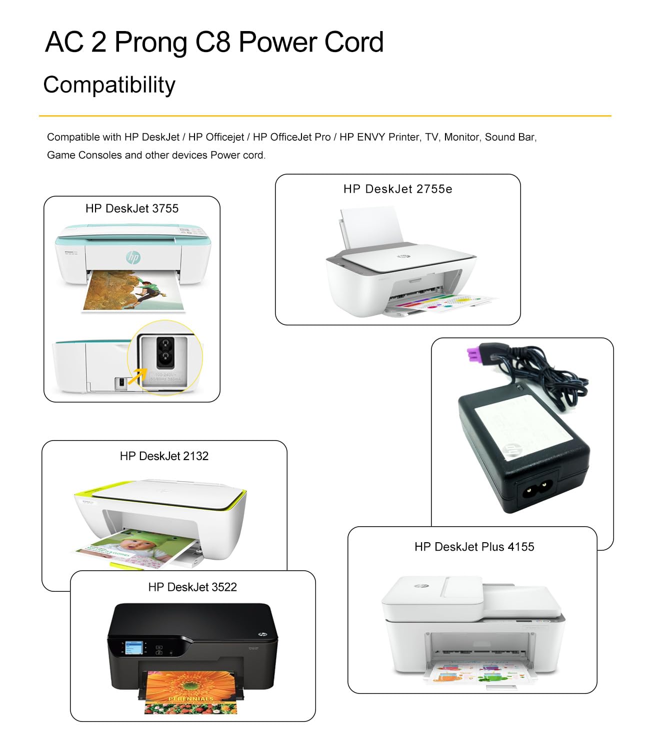 Printer Power Cord Cable for HP DeskJet Printer 3755 2652 2545 2700 2755 2755e 3526 3650 3631 3633 2132 2540 3522 3524 4155e Plus 4155 4152 HP OfficeJet Pro 8600 4500 3 FT 2-Prong AC Cable Replacement