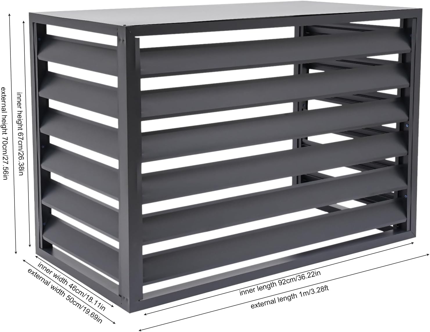 Diagram showing the external and internal dimensions of the assembled DYRABREST Air Conditioner Fence.