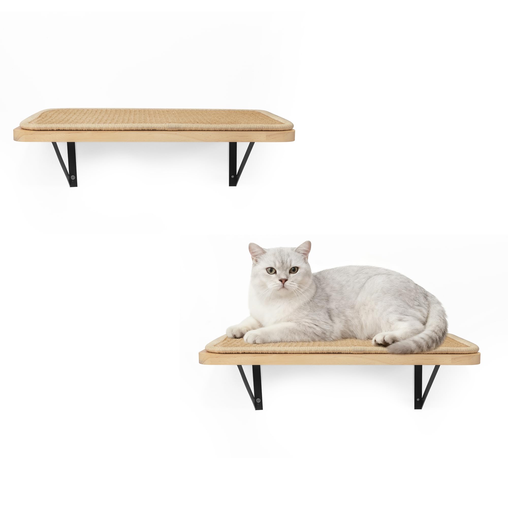 2PCS Cat Wall Shelves with Scratching Mat, 16.6x9.7 Inch Cats Wall Furniture, Solid Pine Wood Kitten Wall Mounted Floating Shelf, Window Perch Hammock for Pets Sleeping, Playing, Climbing