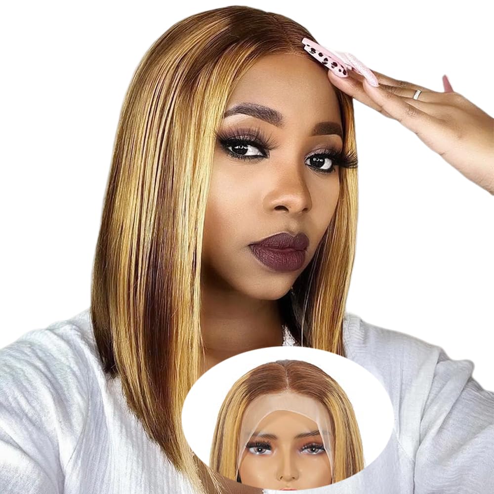 Lace Front Bob Wig Human Hair 13X4 HD Bob Lace Frontal Wig Short Straight Brazilian Virgin Human Hair 150% Density Highlight Ombre P4/27 Color (14 inch)