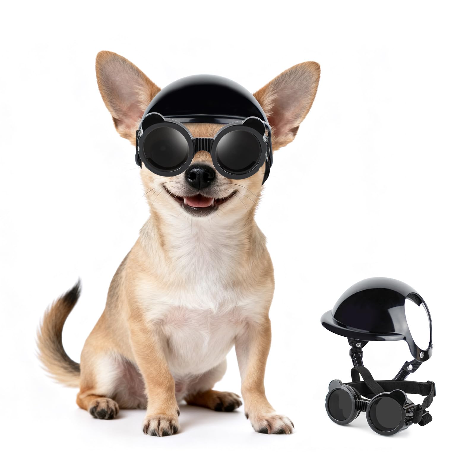 Occhiali da sole per cani di taglia extra piccola e casco per cani di taglia XS, 2 pezzi, occhiali da sole anti-UV, set di casco protettivo per gatti, chihuahua, protezione per testa e occhi