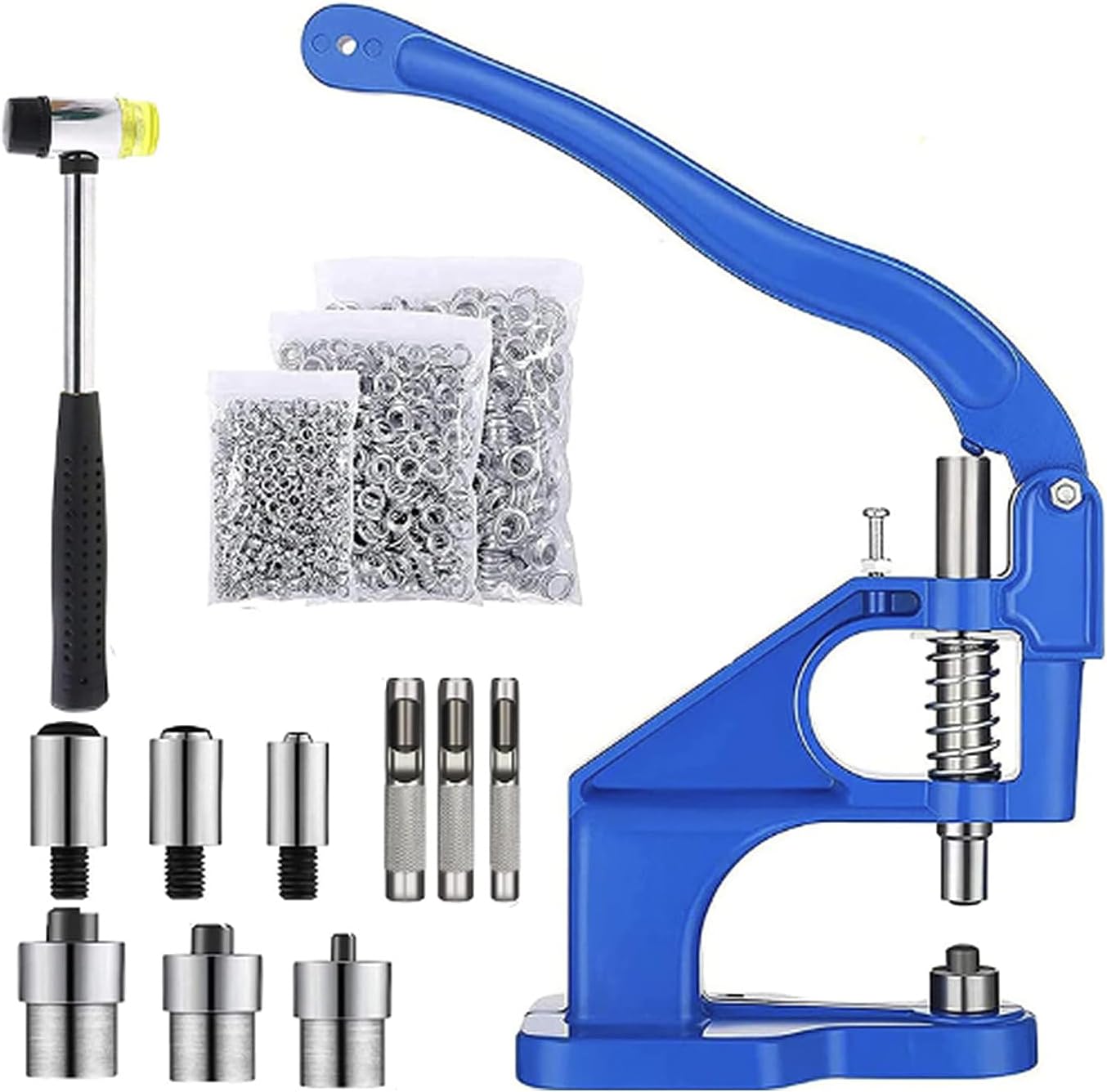 Hand Press Grommet Machine,Grommet Eyelet Tool Kit with 3 Dies (#0#2#4) with 1500 Pcs Grommets Eyelet(6, 10, 12mm) Tablet Press Rivet Press Machine for Grommets Snap Buttons Rivets Eyelets Pearls