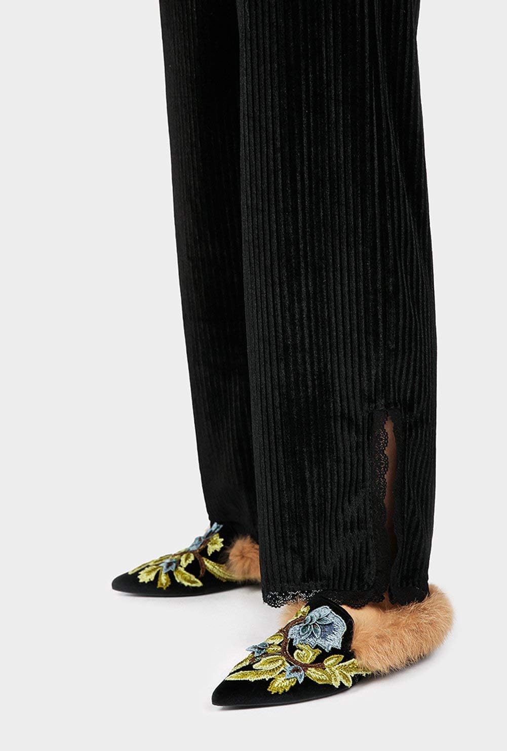 Fericzot Slip On Loafers Womens Embroidery Mule Shoes with Plush Lamb Fur Velvet Slippers Backless Pointed Toe Mule Slides - Image 3