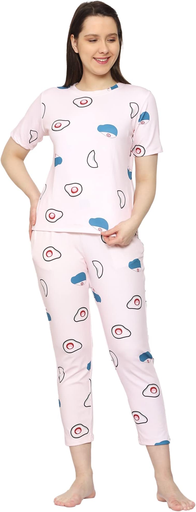 SMOWKLYPrinted Round Neck Short Sleeve Nightsuit Set | Pajama Set | Casual Night Dress for Women