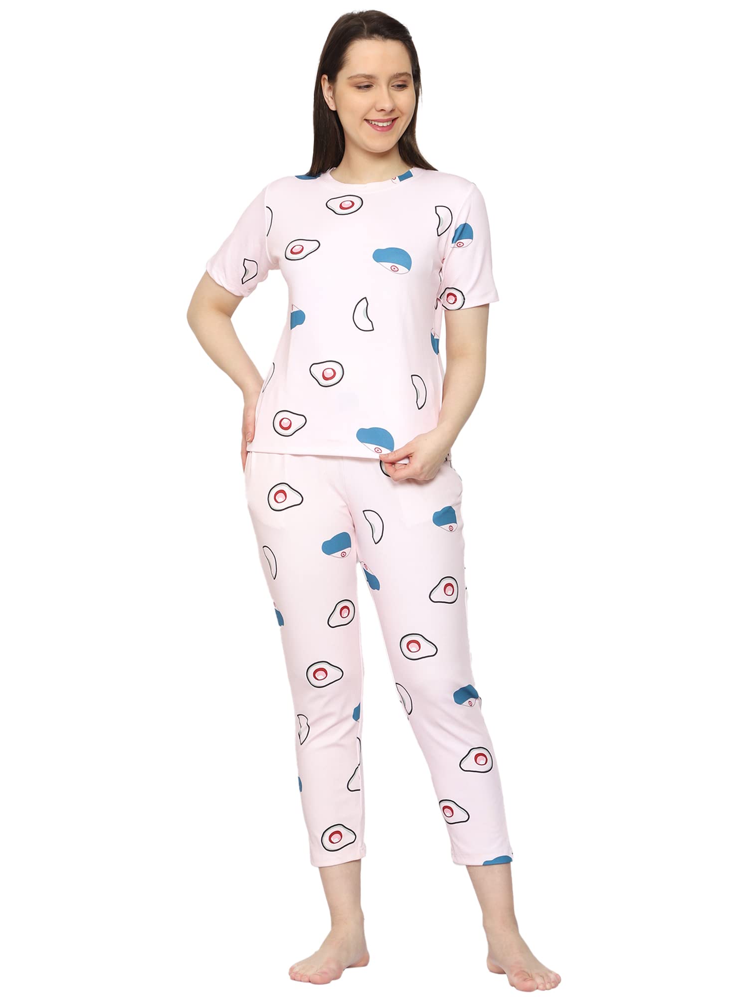 SMOWKLYPrinted Round Neck Short Sleeve Nightsuit Set | Pajama Set | Casual Night Dress for Women