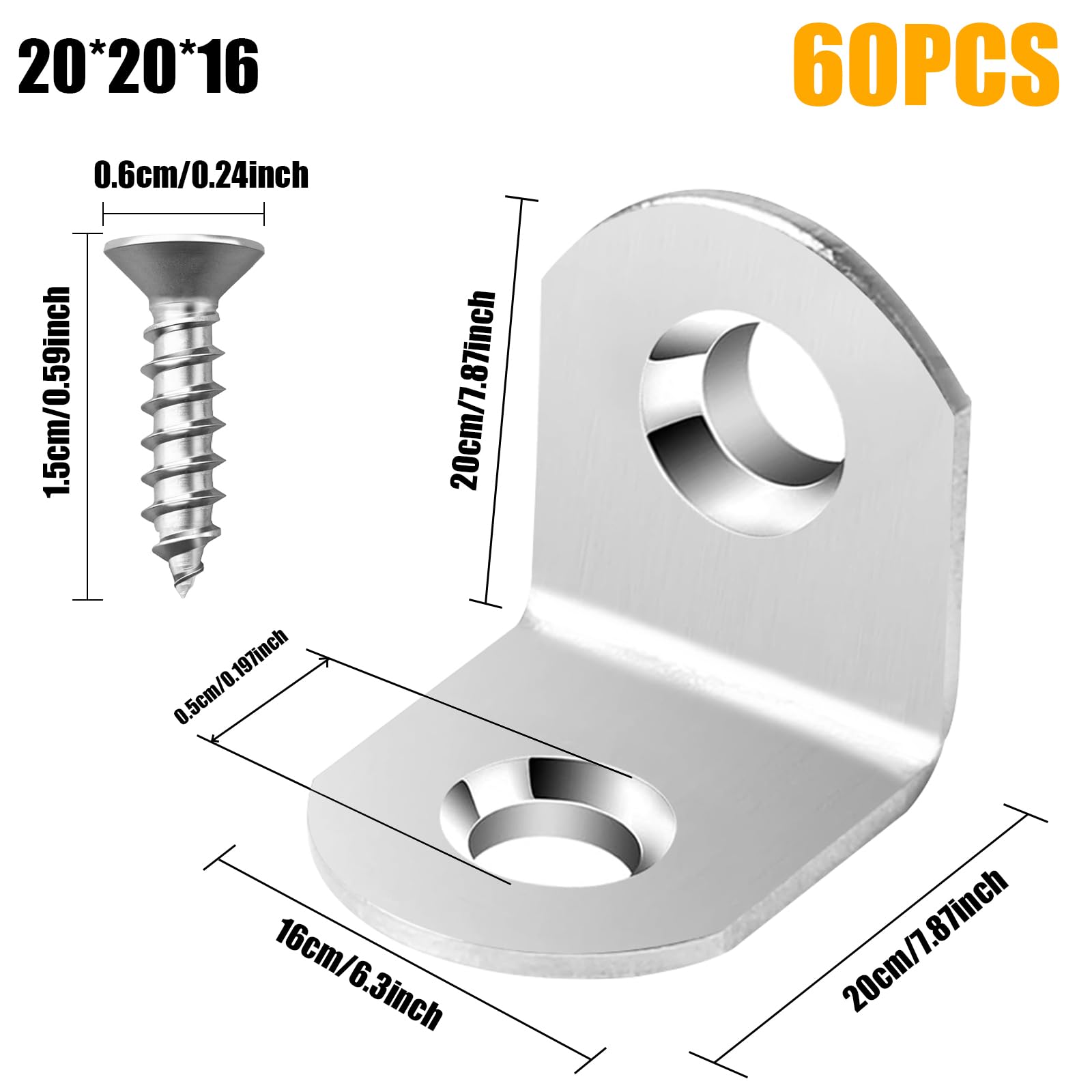 60 Pezzi Staffe Angolari 20x20x16 mm con 120 Viti, Staffe Angolari Metallo per Legno, 90 Gradi Supporti Angolo in Acciaio Inossidabile, Staffe a L per Tavolo, Armadietto, Sedia, Argento