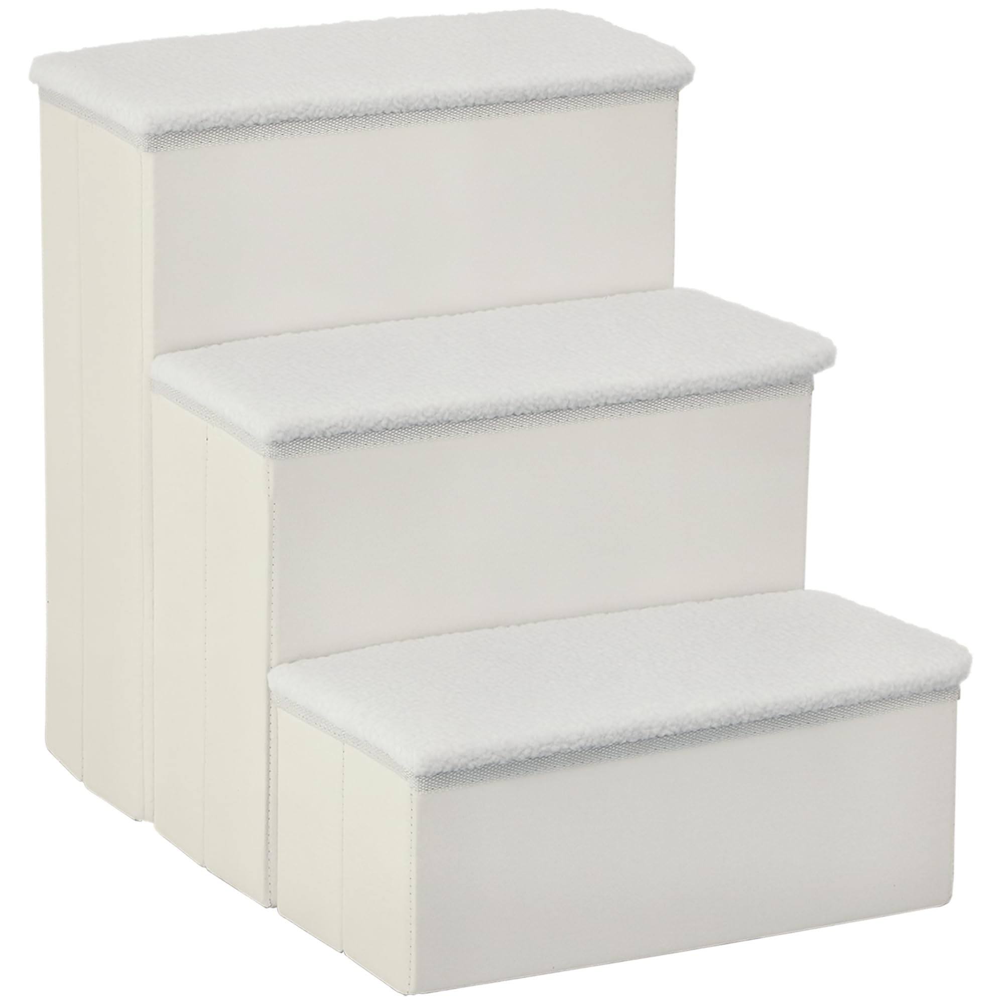 PawHut Escalera para Mascotas de 3 Peldaños Plegable con Tapas Abatibles y Espacio de Almacenamiento 3 Escalones de Perros Gatos Pequeños para Cama Sofá 40x54x48 cm Blanco