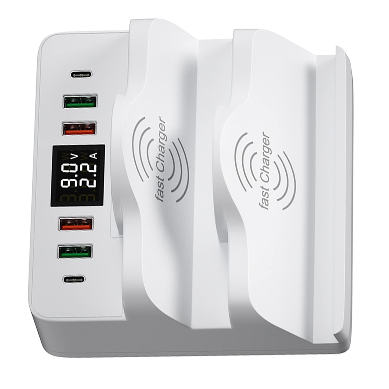 80W 6-Anschlüssen USB-Ladegerät, USB Ladestation mit PD-Schnellladegerät mit QC 3.0 USB-Anschluss, Dual Kabelloses Ladegerät, LCD-Display, USB-C-Lade-Desktop-Hub für iPhone iPad Samsung