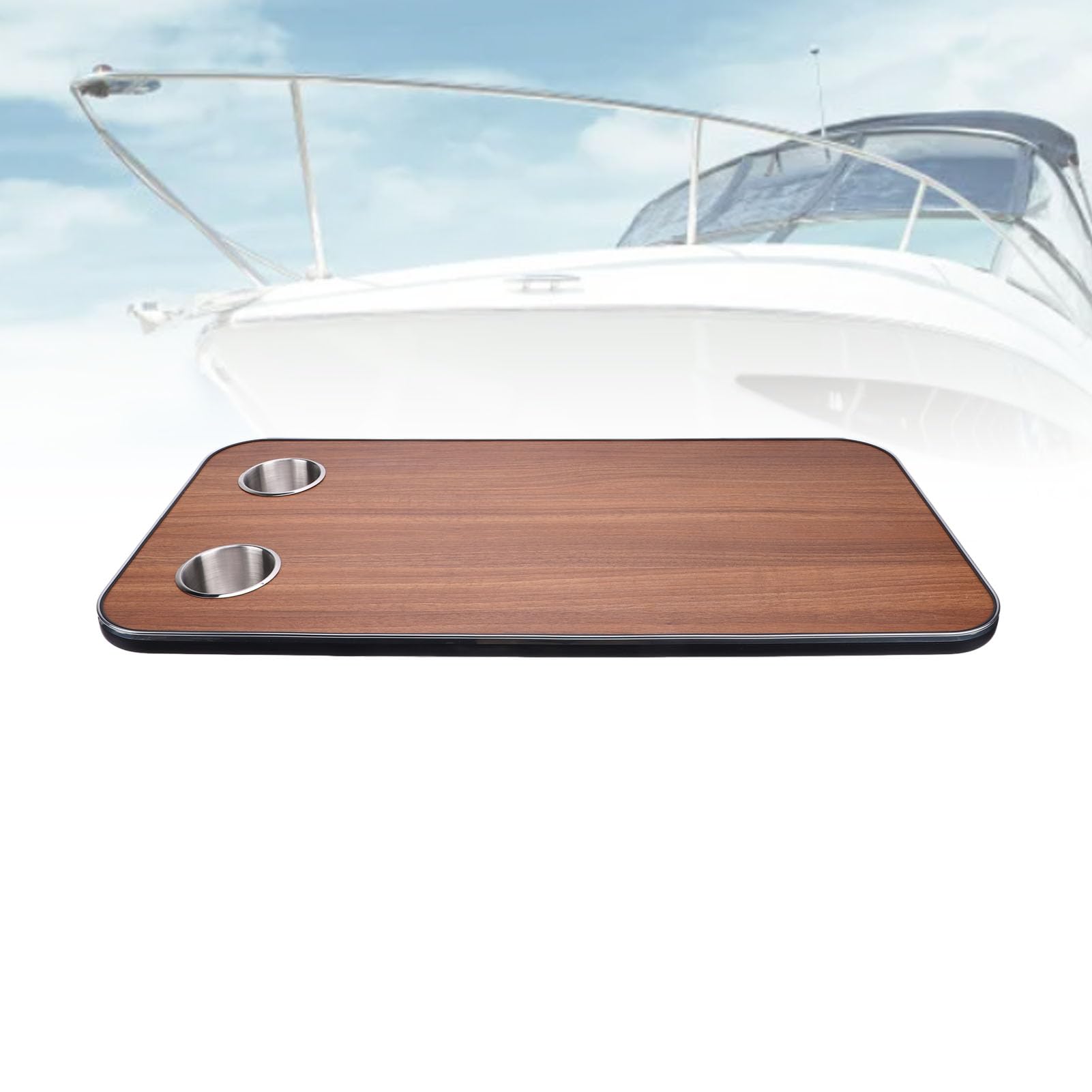 Removable Boat Table, RV Table Top Solid Wood with 2 Stainless Steel Cup Holders for Trailer Motorhome Yacht Boat Deck 800 X 400mm (Brown)