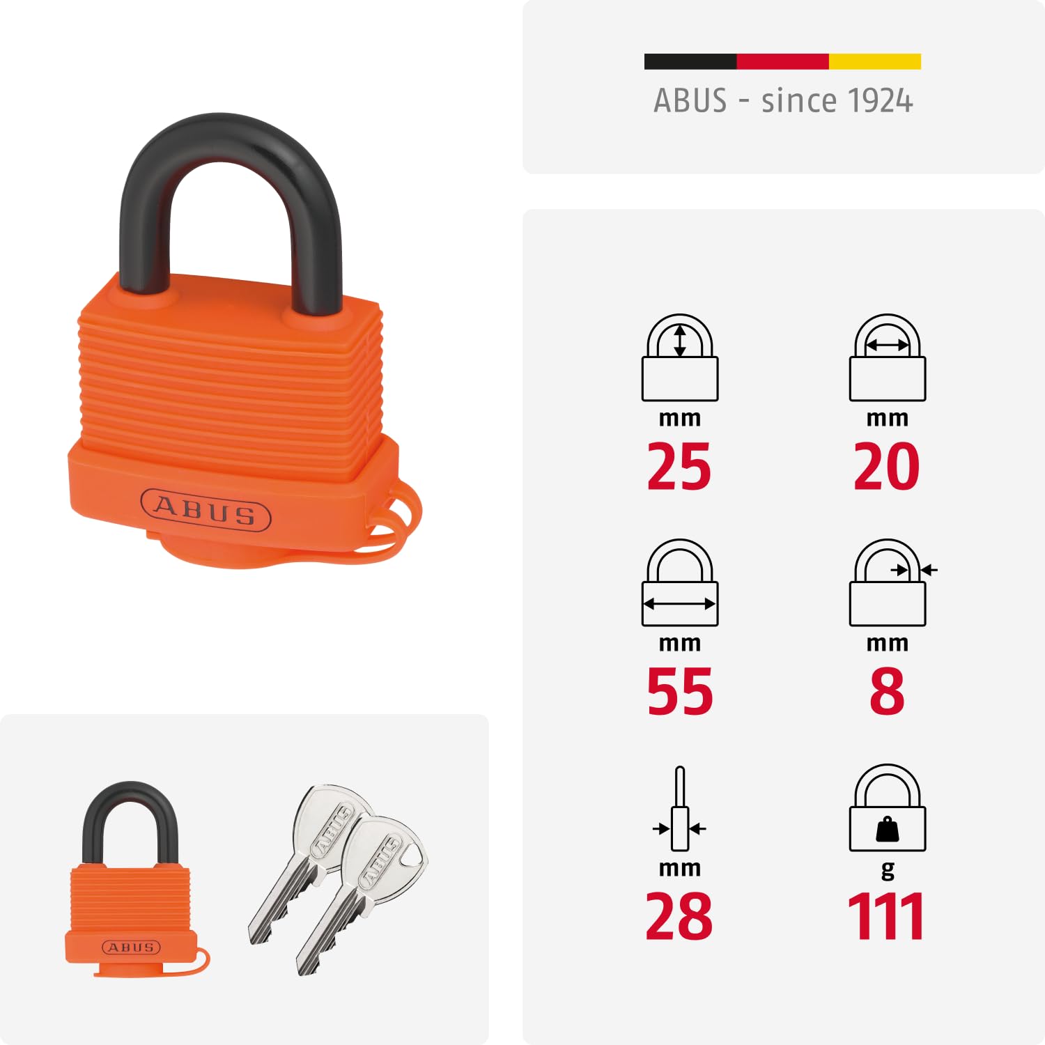 ABUS Kłódka 70AL/45 z litego aluminium – odporna na warunki atmosferyczne – z nasadką ochronną i osłoną z tworzywa sztucznego – równocześnie zamykana 6401 – pomarańczowa