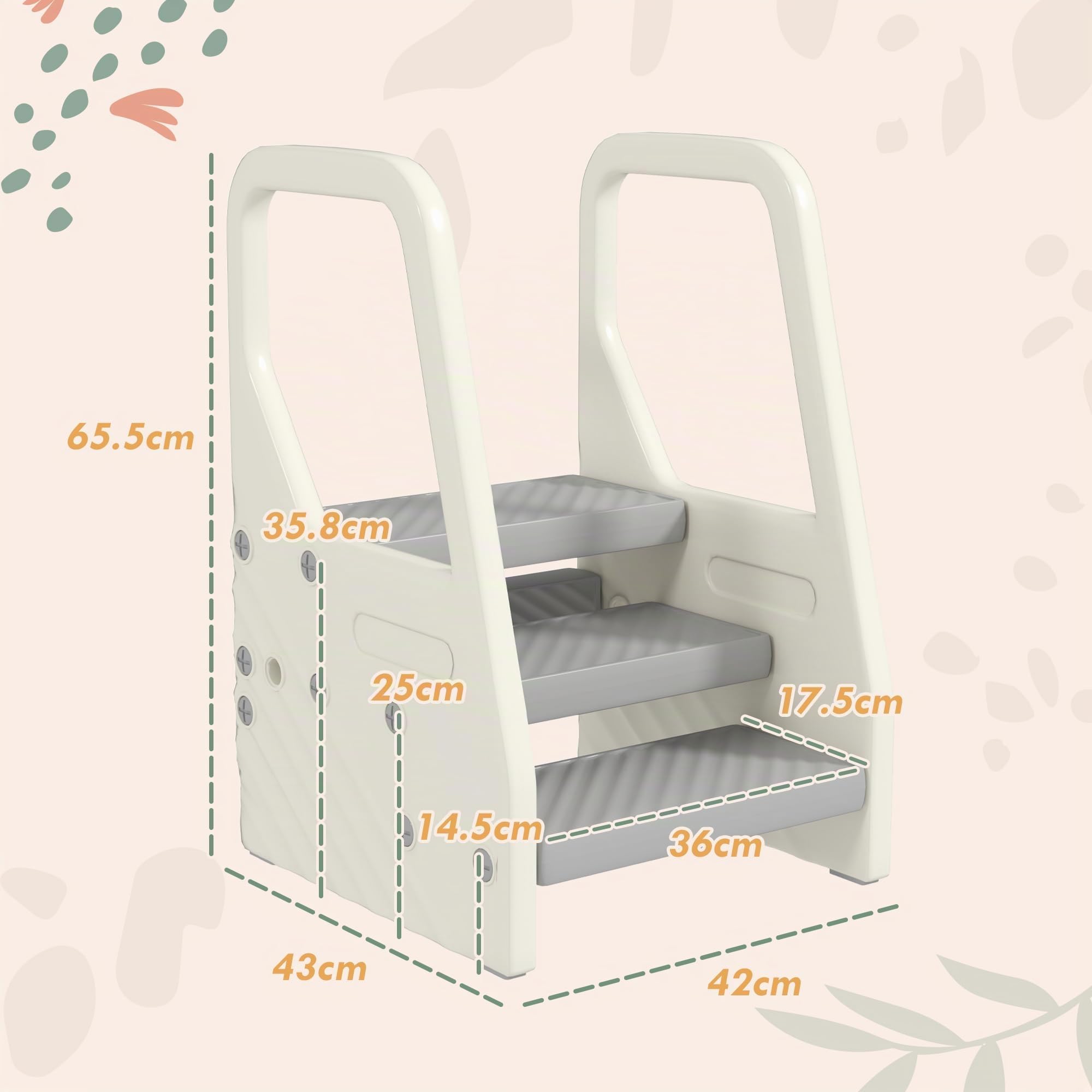 AIYAPLAY Torre Montessoriana a 3 Gradini Regolabili 43x42x65.5 cm Grigio | Piedini Antiscivolo, Sgabello per Bambini 2-5 Anni in HDPE, per Bagno Cucina e Toilette