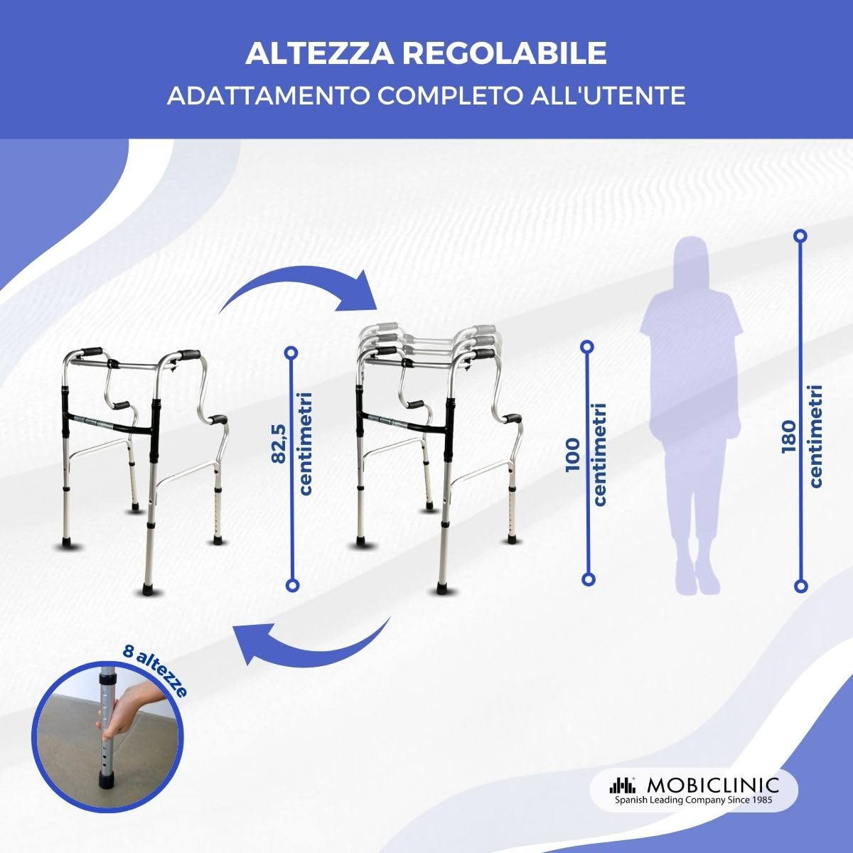 Mobiclinic®, Deambulatore per anziani, Pórtico, Marchio europeo, Girello adulti, Pieghevole e leggero, In alluminio, Senza ruote, Gommini antiscivolo