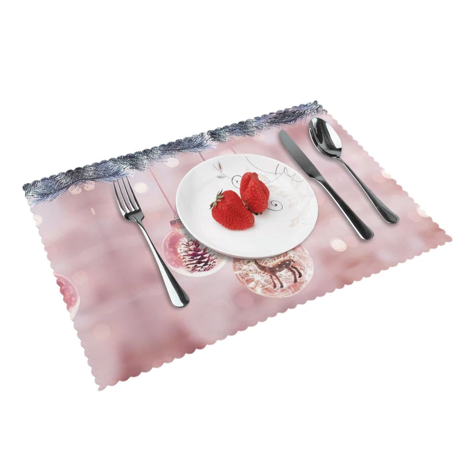 Pink Christmas Ball Placemats For Dining Table Set Of 4 : Easy To Clean,Heat Resistant Waterproof Wipeable,18x12 Inch.