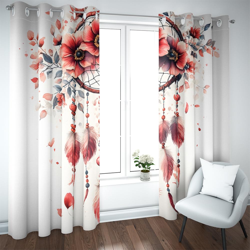 Vorhänge Wohnzimmer Blickdicht Gardinen Verdunkelungsvorhang Schlafzimmer Kinderzimmer Thermovorhang Fensterdekoration 3D Weißer Traumfänger Mit Roten Federn Muster Ösenschal 2Er Set 234X230