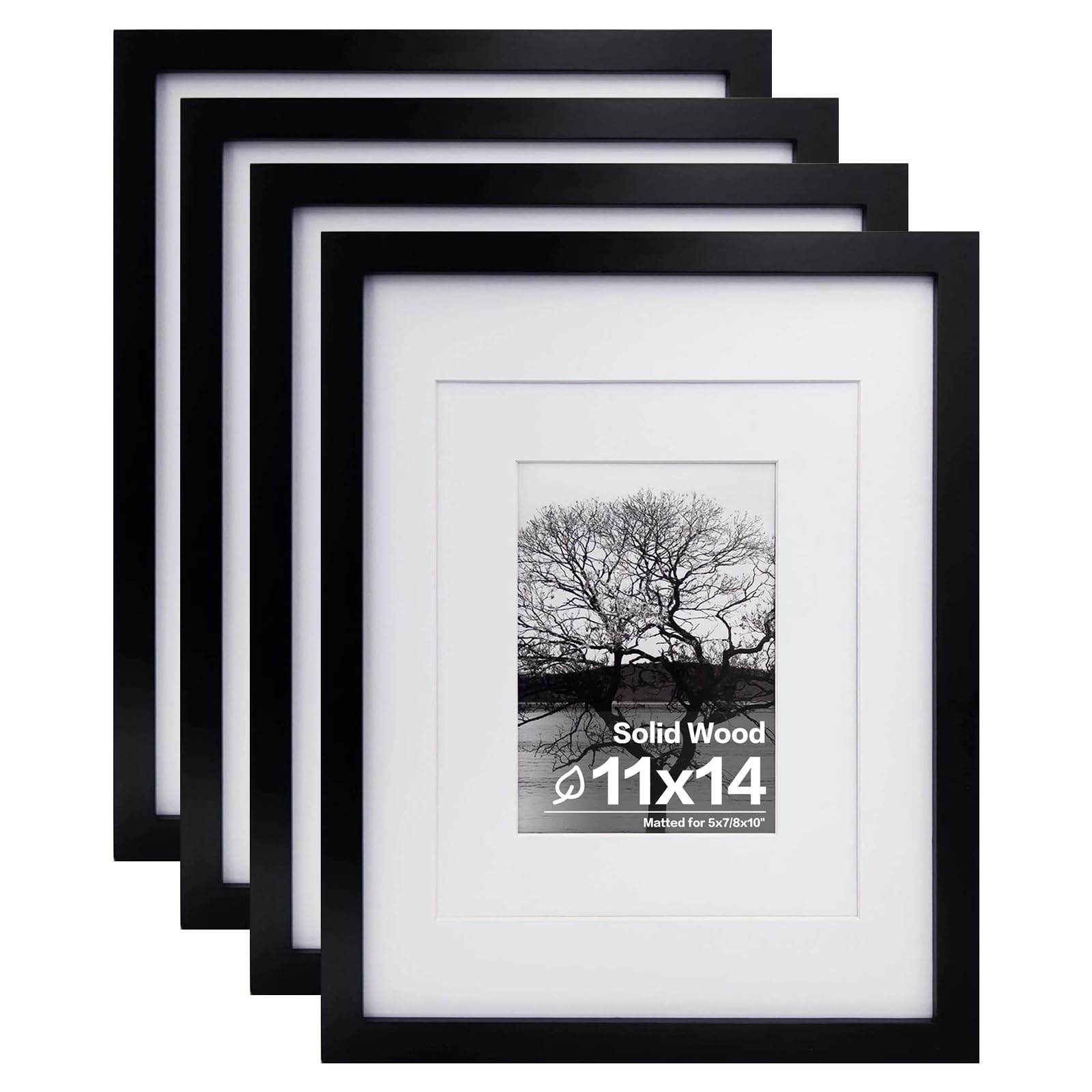 Egofine 11x14 Picture Frames Set of 4, Made of Solid Wood Covered by Plexiglass 5x7 and 8x10 with Mat or 11x14 without Mat, for Table Top Display and Wall Mounting Photo Frame Black
