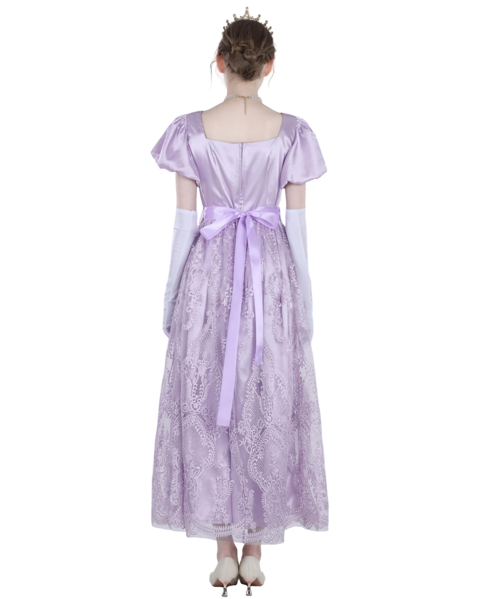 Abito da donna Regency con maniche a sbuffo, stile impero, vintage vittoriano, con ricamo a rete, abito da tè con guanti