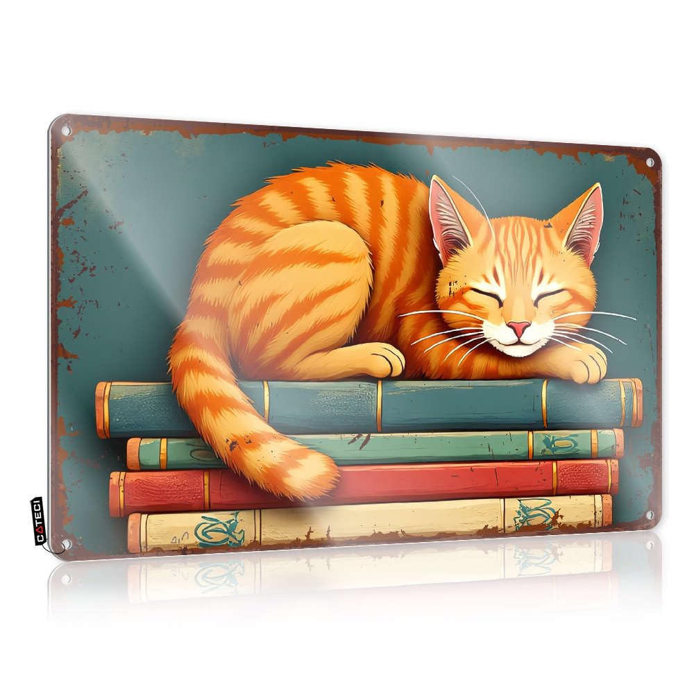 Funny Wall Art Nice Vintage Wall Art, Prints Retro Gift For Hunter Tin Sign For Home Bar | 8x12 Inch A Cozy Cat Naps On A Stack Of Books. Perfect For Retirement Decor(30X40CM)