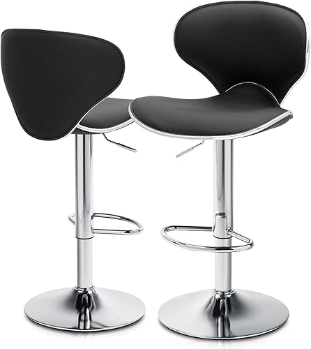 MoNiBloom Juego de 2 taburetes de bar, modernos de piel sintética negra, altura de mostrador, respaldo y reposapiés para bar, cocina, comedor, sala