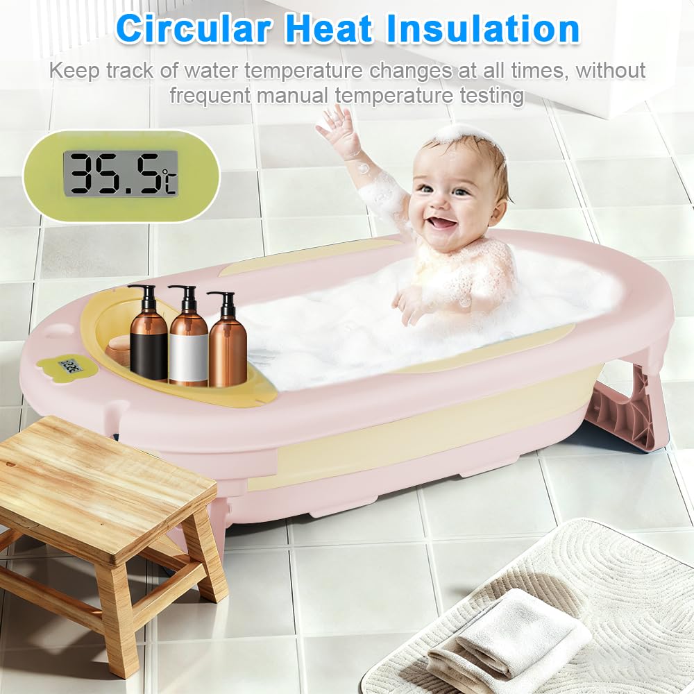 Bañera plegable para bebé con cojín de baño, ergonómica, antideslizante, para recién nacidos, bebés de 0 meses+, bañera termostática con alfombrilla de baño y gorro de ducha