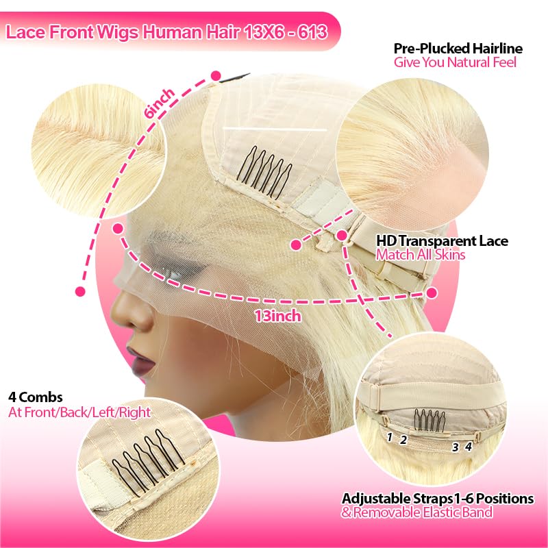 IUPin 613 13x6 Lace Front Wig Human Hair 220% Density Straight Blonde Wig Human Hair 613 HD Lace Frontal Wig Transparent HD Lace Pre Plucked with Baby Hair for Women 26 Inch