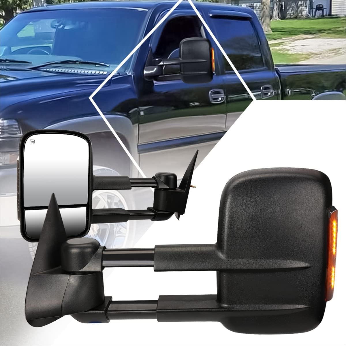 [Pair] Power Heated Tow Towing Mirrors Side Mirrors w/Smoked LED Signals Compatible with 99-02 Silverado Sierra,Black