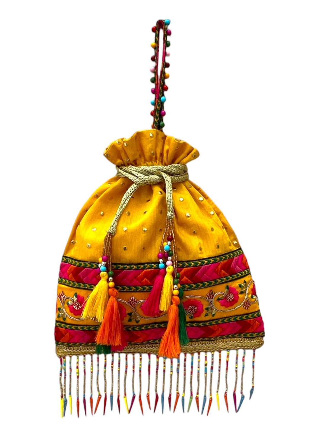 ABC Indian Handmade Yellow Potli Bags for ladies Batua for Bride Wedding - Intricately Embroidered with Multicolored Tassel and Drawstring Closure - Traditional Ethnic Accessory for Parties and Festivals