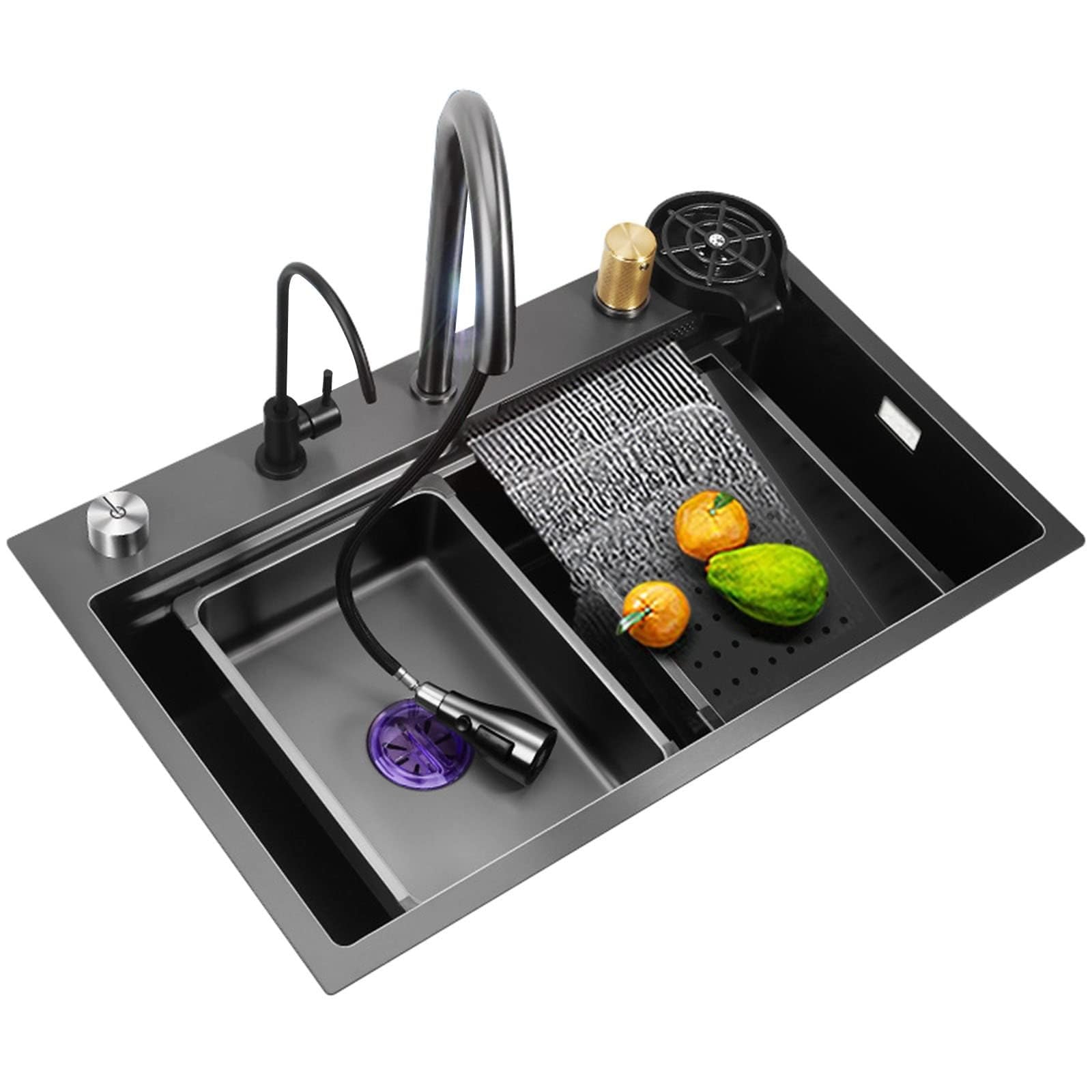 Évier cascade en acier inoxydable noir 75x45 cm pour cuisine moderne