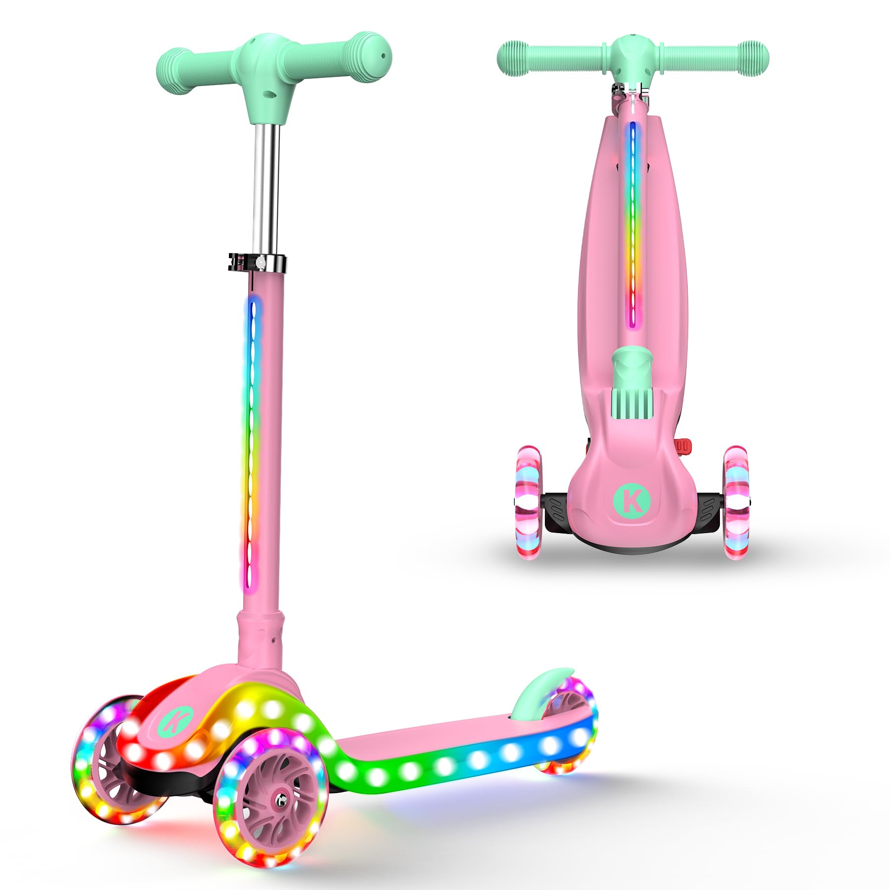 2-in-1 Adjustable Scooter for Ages 3-12 with 5 Level Handlebar, Removable Seat, LED Wheels, Foldable, Pink (Girls and Boys) and Black.