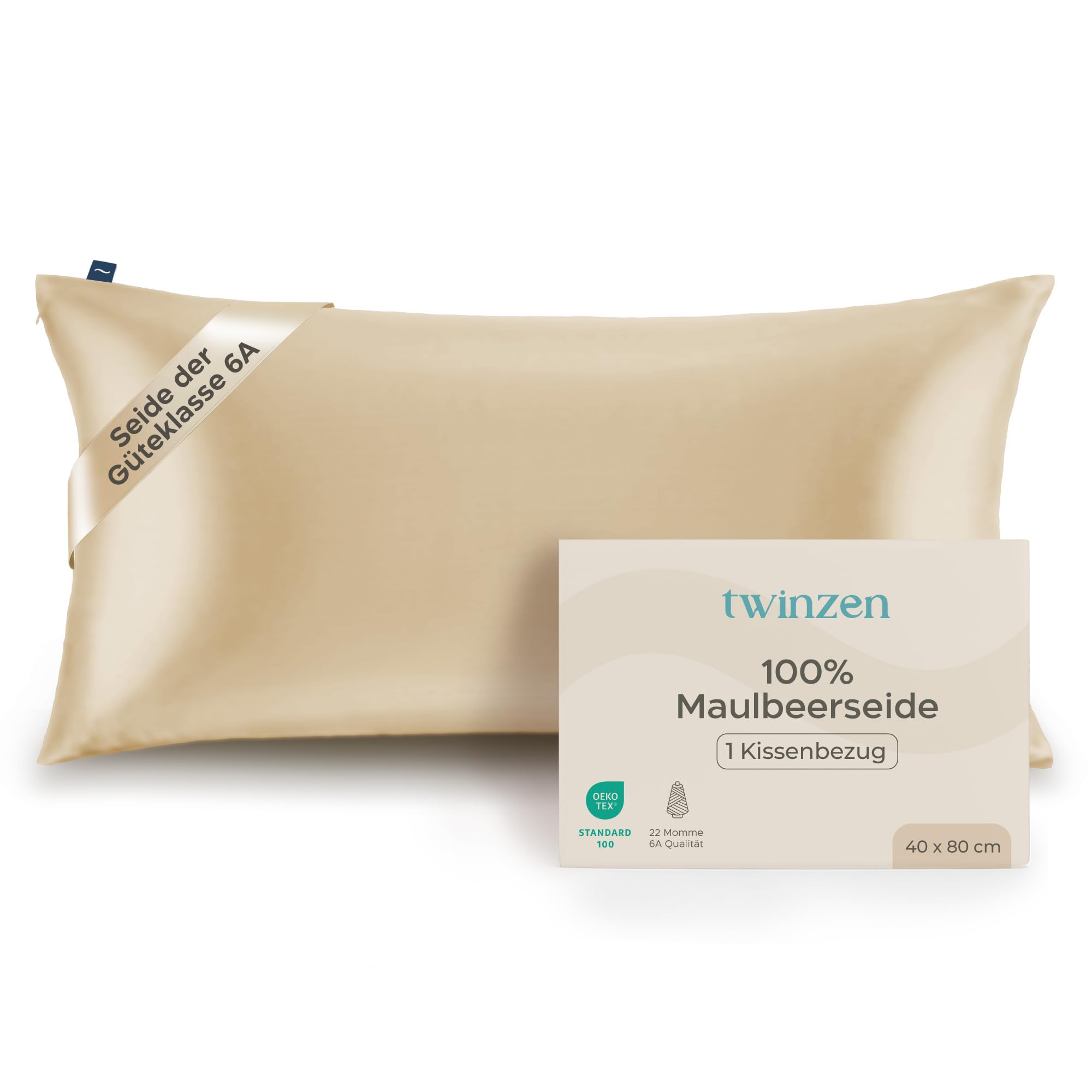 Twinzen Seidenkissenbezug 100% Silk Pillowcase 22 Momme Güteklasse 6A - Oeko-Tex Zert. für Haar und Haut