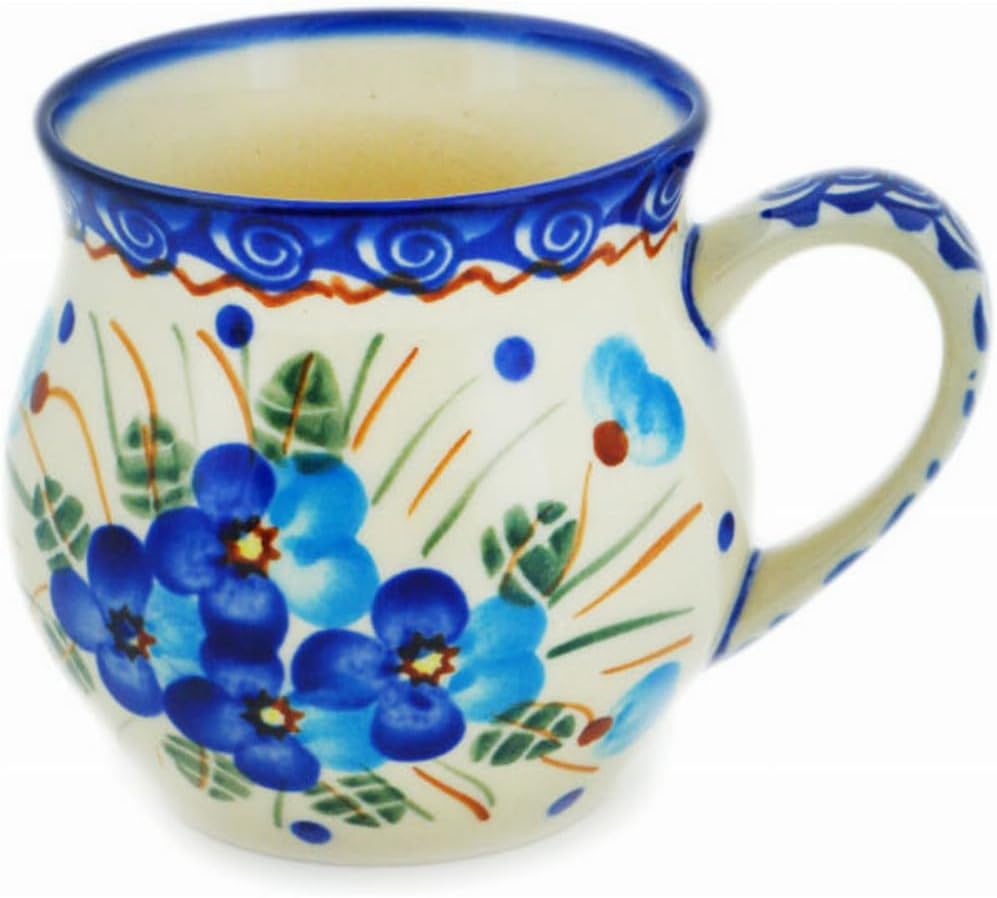 Polmedia Polish Pottery Bubble Mug 8 oz - Blue Pansy Pattern Handmade in Boleslawiec Poland by Ceramika Bona + Certificate of Authenticity