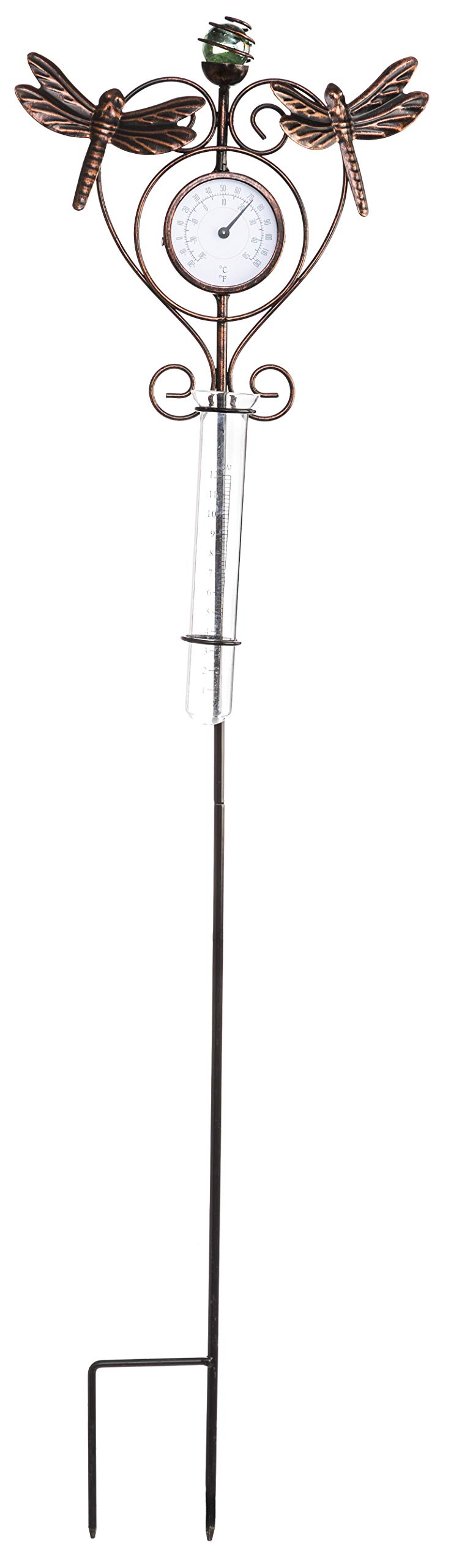 Evergreen Garden - Medidor de lluvia para exteriores, termómetro de libélula y medidor de lluvia, estaca de jardín, aproximadamente 32 pulgadas de alto
