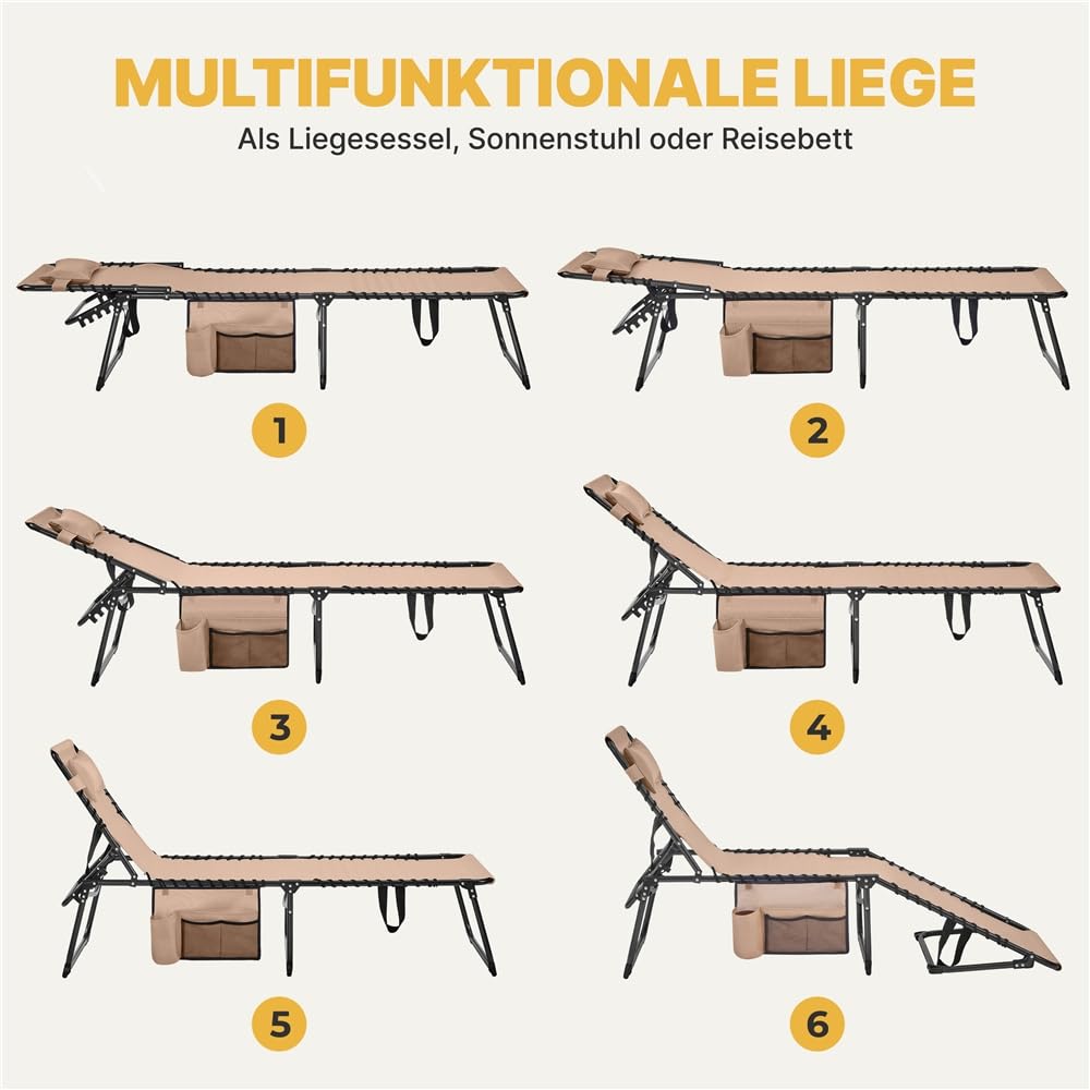 Yaheetech Sonnenliege Klappbar mit 5-Fach Verstellbarer Rückenlehne, Beige | 189x57x38cm, Stabil & Tragbar Strandliege Gartenliege Campingbett mit Kissen & Seitentasche bis 120kg für Outdoor