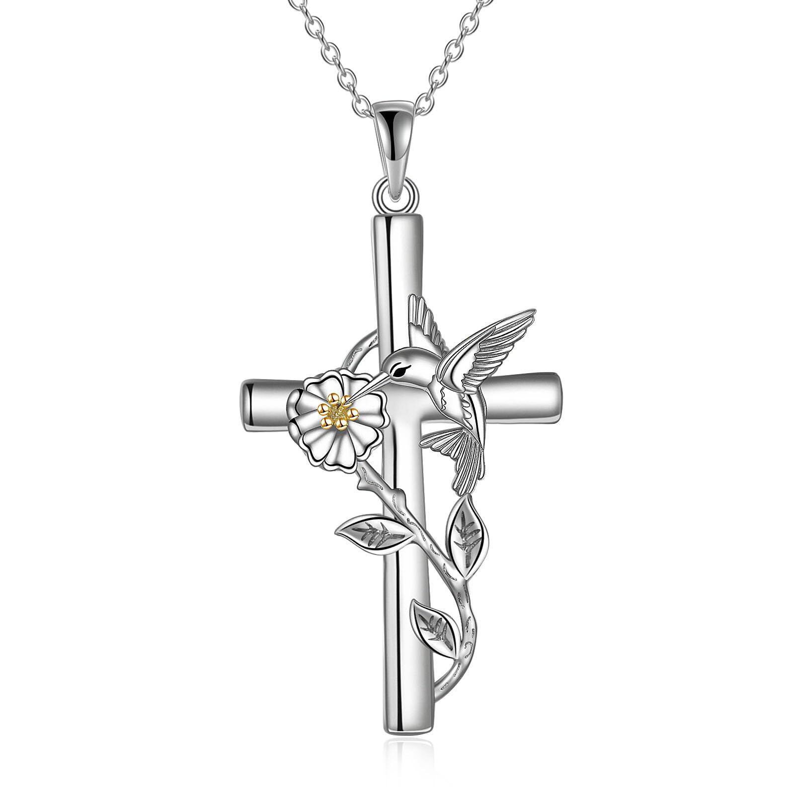 YFN Collar de colibrí para mujer, plata de ley, cruz, colibrí, collar de margarita, regalos para niñas