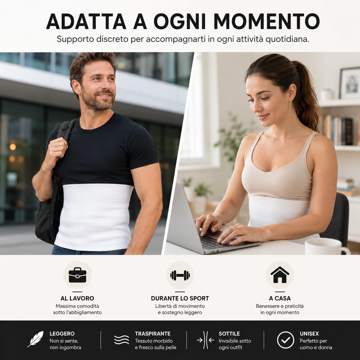 eMMe SQUARE - Fascia Lombare Estiva in Cotone Traspirante Unisex – Pancera Contenitiva, Supporto Schiena Addominale Elasticizzato Made in Italy – Ideale per l'Estate (L)