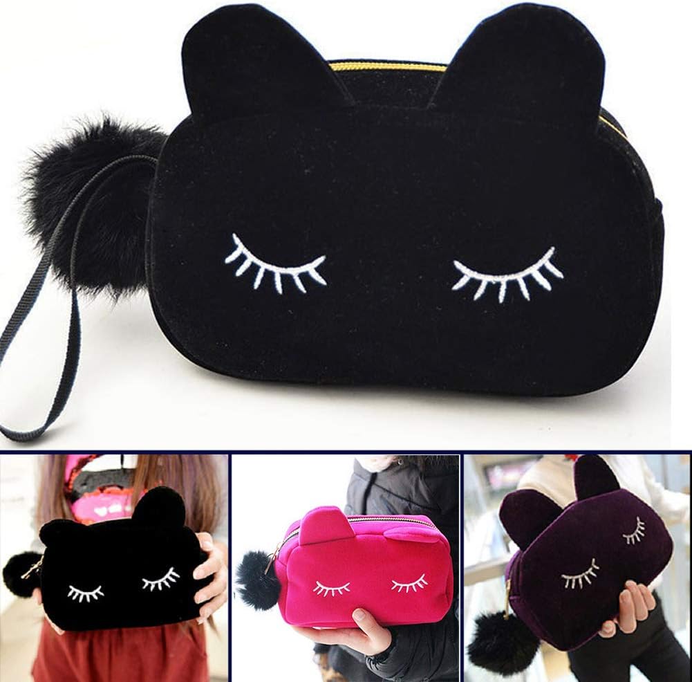 Lomire Cute Cat Style Travel Cosmetic Storage Bag Portable Beauty Storage Bag for Women Girls Pen Pencil Case Organizer Pouch Makeup Bag 19*5*12cm Black