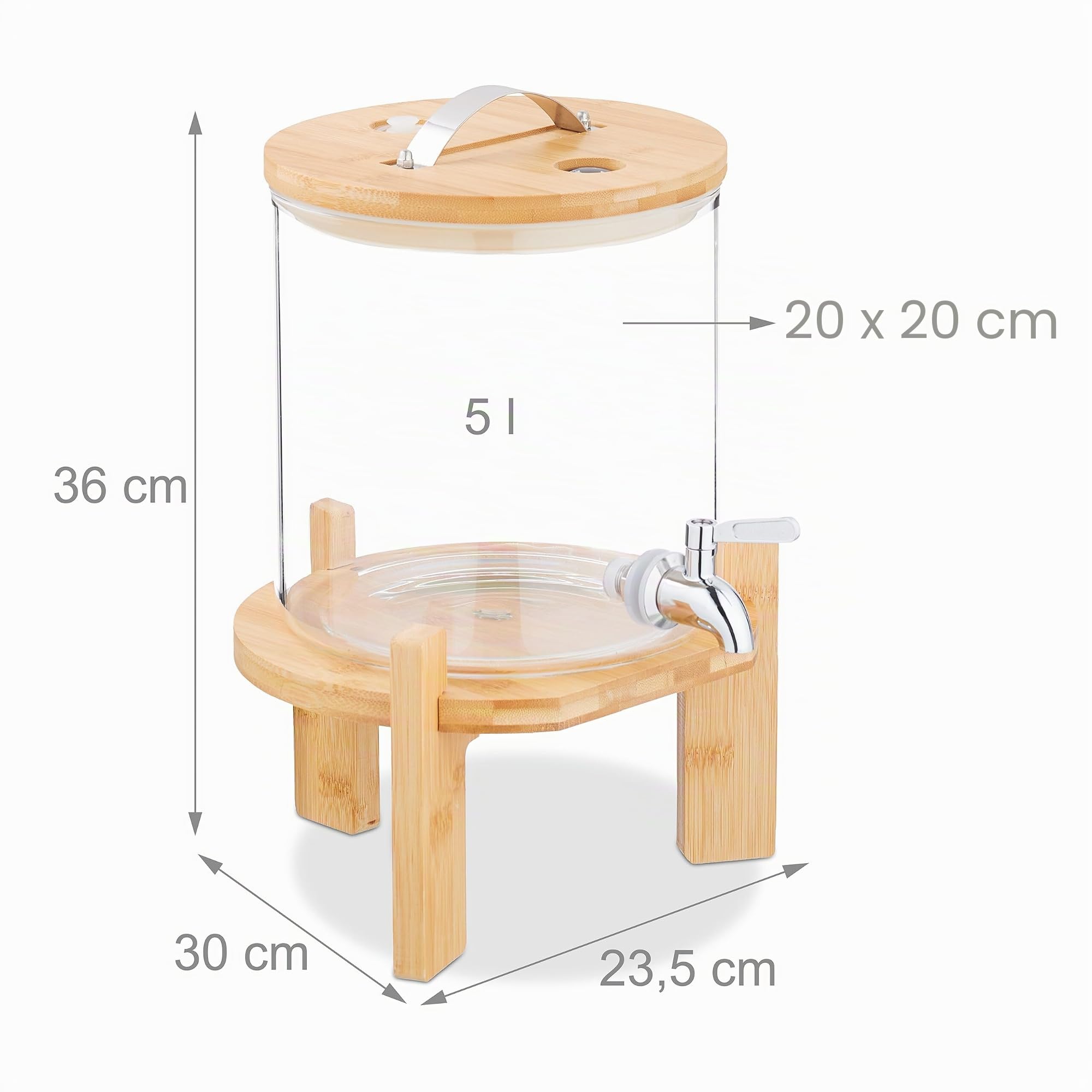 Relaxdays Dispensador Bebidas Frías y Calientes, Grifo, Soporte Bambú, Termómetro, Recipiente Limonada 5 L, Transparente