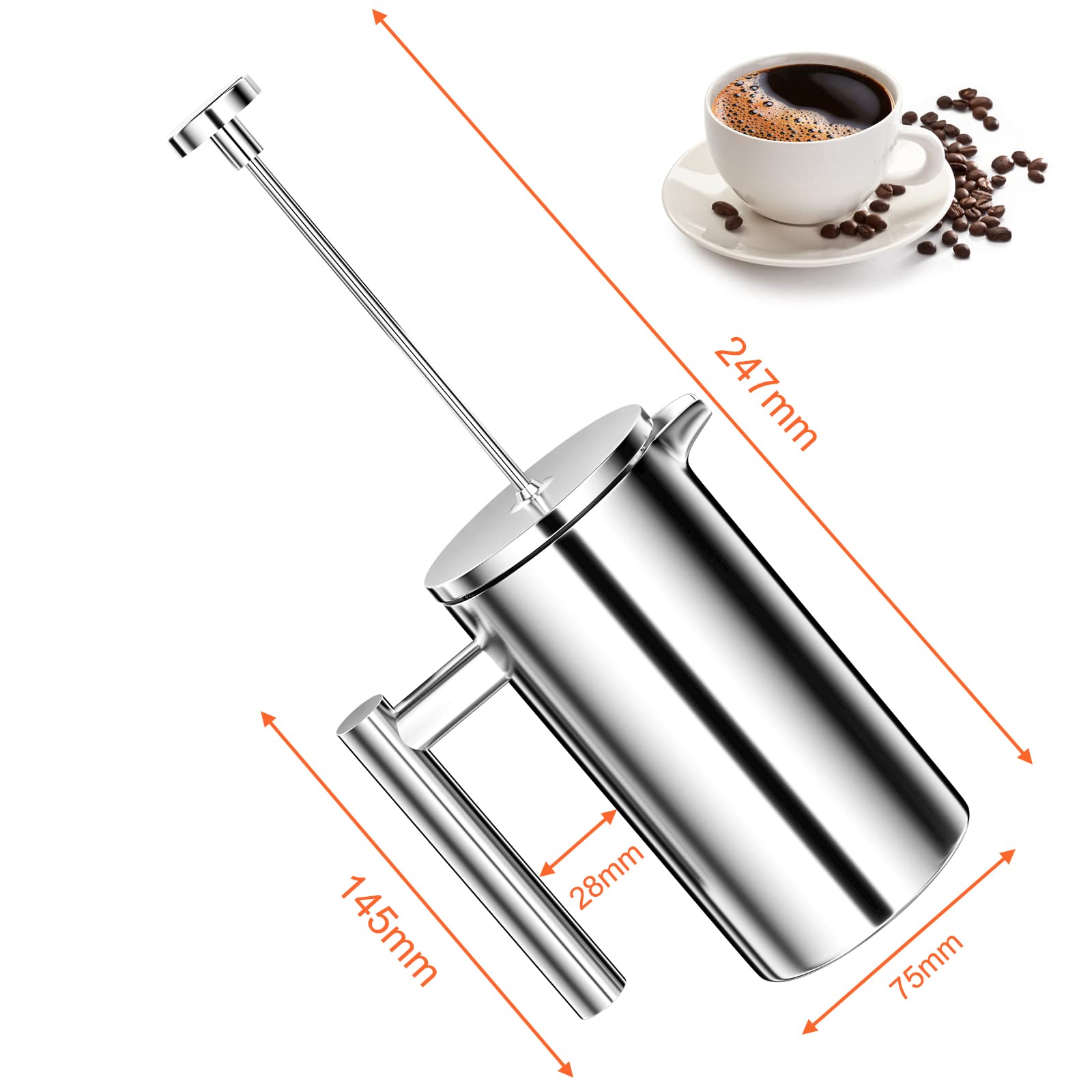 Uootach Caffettiera in acciaio inox con triplo filtro francese, 1000 ml, ideale per casa, viaggi, campeggio (argento)