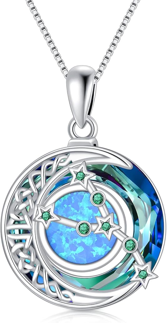 TOUPOP Zodiac Necklace 925 Sterling Silver Celtic Moon Constellation Pendant Necklaces with Blue Crystal and Blue Opal Jewelry Birthday Christmas Gifts for Women