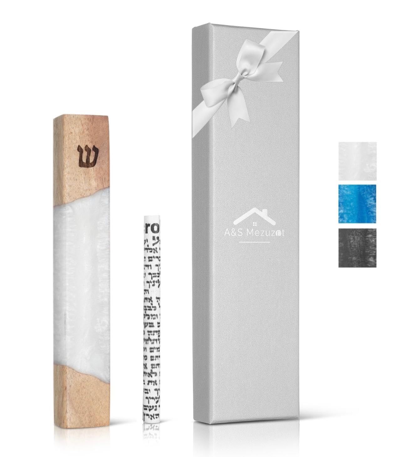 A&S Mezuzot Mezuzah Case for Door, Handcrafted Resin and Oak Wood mezzuza with Scroll, Weatherproof Easy Peel and Stick Installation for Home Blessing and Protection (White, 5 Inches)