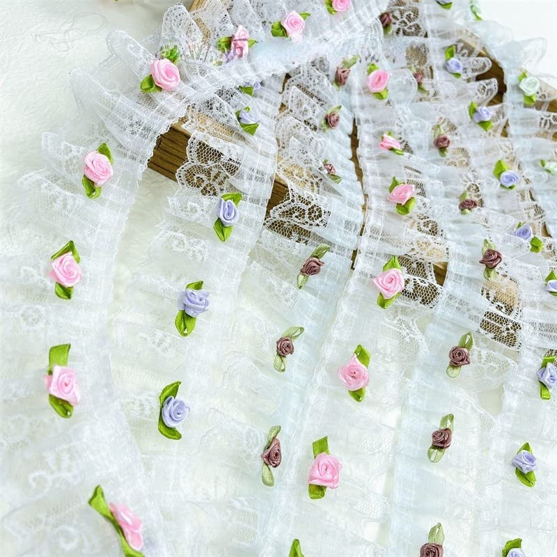 Aplikacje z haftowanej koronki Tkanina koronkowa - 1 jard 3D Rose Flower Tulle elastyczna plisowana tkanina koronkowa aplikacja na ubranka dla lalek(Pink Lace)