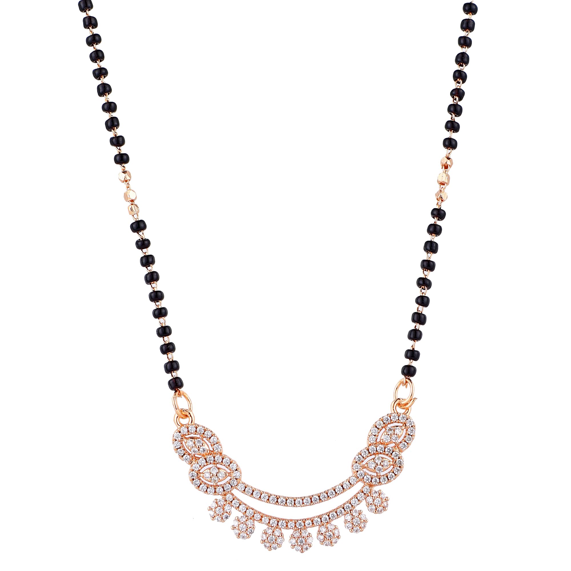 Rose Gold Plated American Diamond Mangalsutra with Black Beads for Women-image-35
