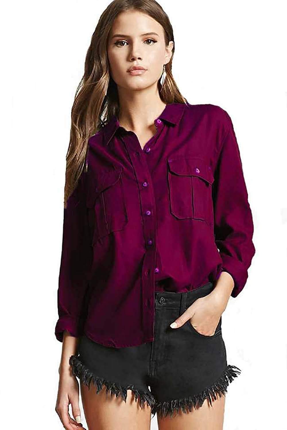 krisha collection Women's Roll-Up Sleeves Double Pocket Casual Shirt-picture-38