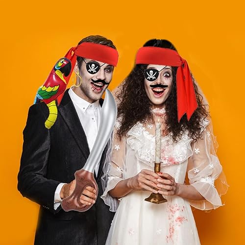 Miniatura 4 de FUEAWIM 6 accesorios piratas incluyen loro pirata hombro, parche de ojo de pirata, bandana, aretes de espada y bigotes falsos, disfraz de pirata de