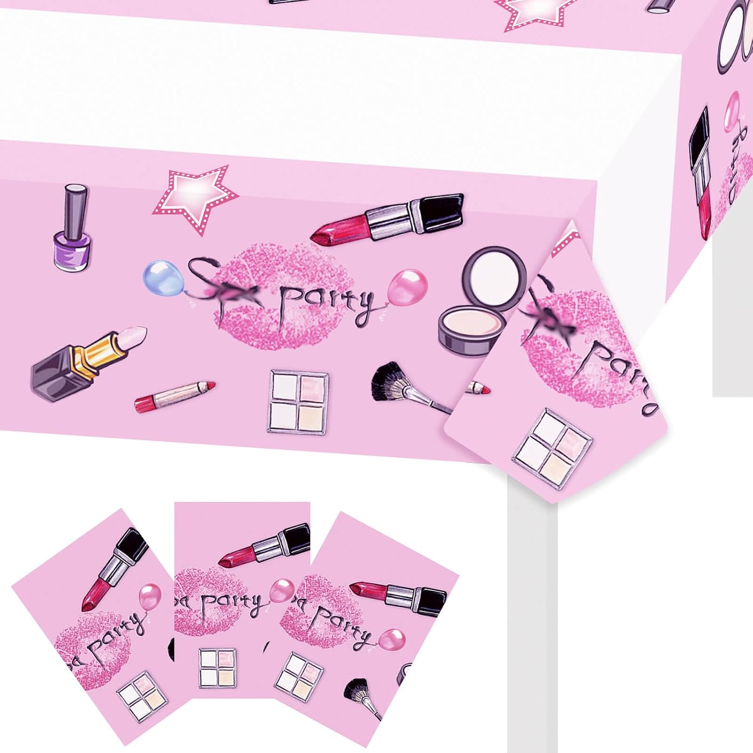 XXDecor 3 Pack Makeup Birthday Party Tablecloth, Spa Party Tablecover Disposable Plastic Rectangle Make Up Table Cloths for Girls Teens Spa Theme Party Supplies Decorations