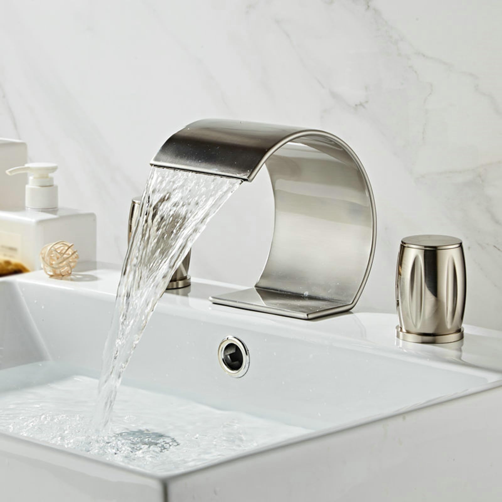 FQWNCIEG Waterfall Basin Mixer Tap 3 Hole Thin Mouth Bathroom Taps Mixer Hot and Cold Wash Hand Basin Taps,Brushed