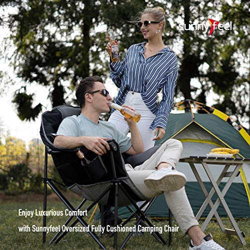 Sunnyfeel Oversized Heated Camping Chair, Padded Camp Chair Round Moon Saucer Folding Lawn Chair Outdoor Club Chair Heavy Duty 500 Lbs With Cup Holder, Armrest For Lounge Patio #TOP1