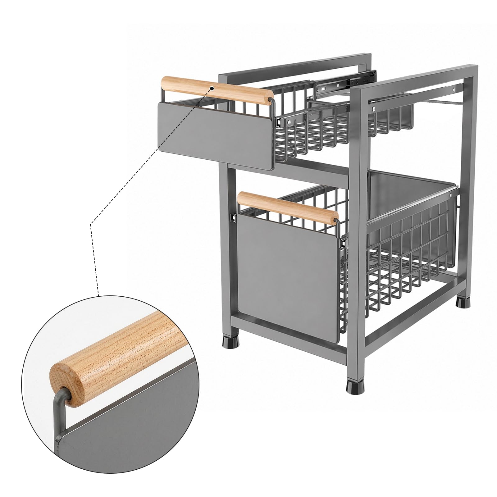 Schrank Organizer Ausziehbar, Küchen Organizer Spüle Unterschrank Regal, 2 Etagen Metall Ablage mit Holzgriff, Rostfrei & Stabil für Bad & Küche, 39x24x42cm-Grau