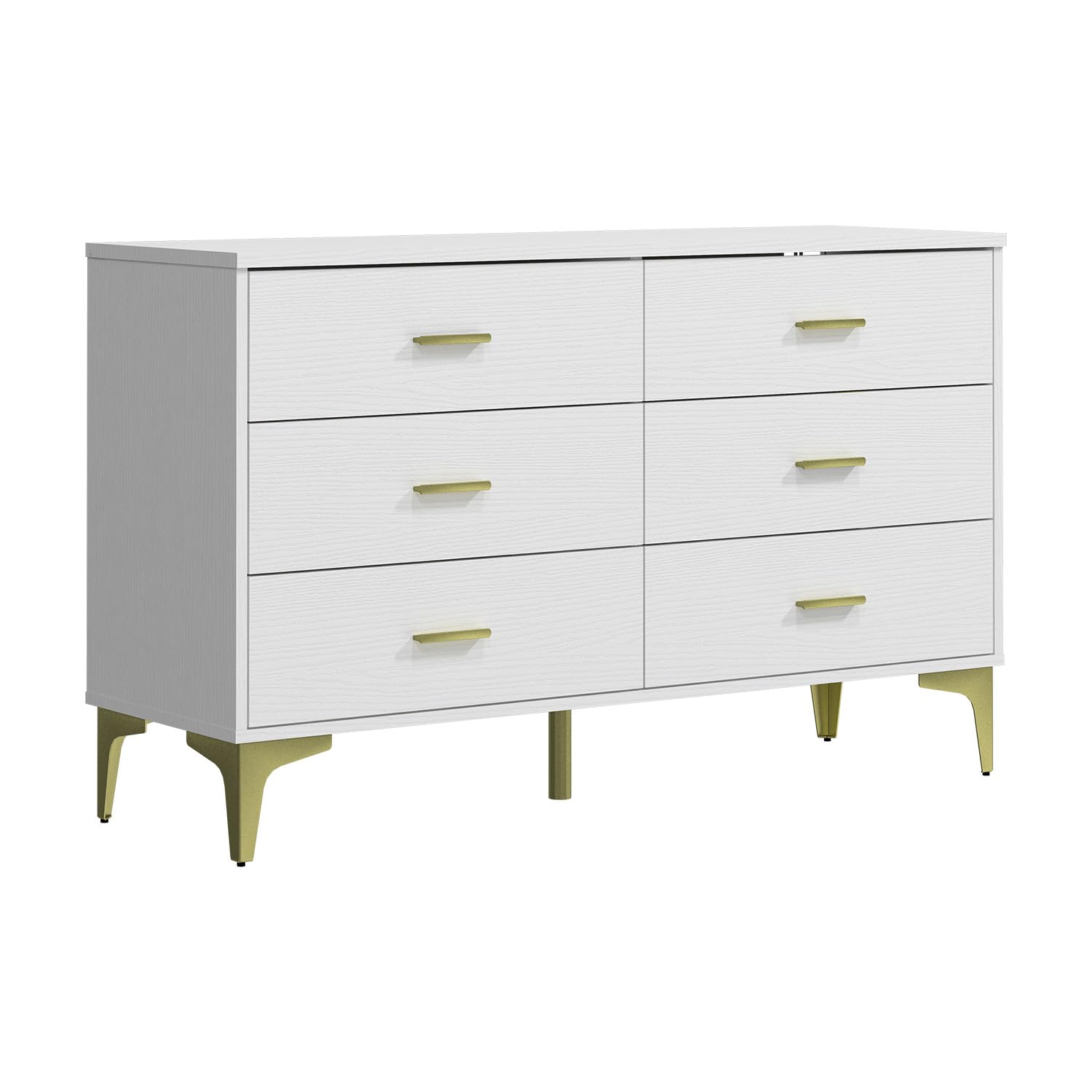 Modern 6 Drawer Wood Dresser, Wood Lateral Chest of Drawers Storage Organizer with Wide Drawers & Metal Gold Handles for Bedroom, Living Room, Hallway, Entryway