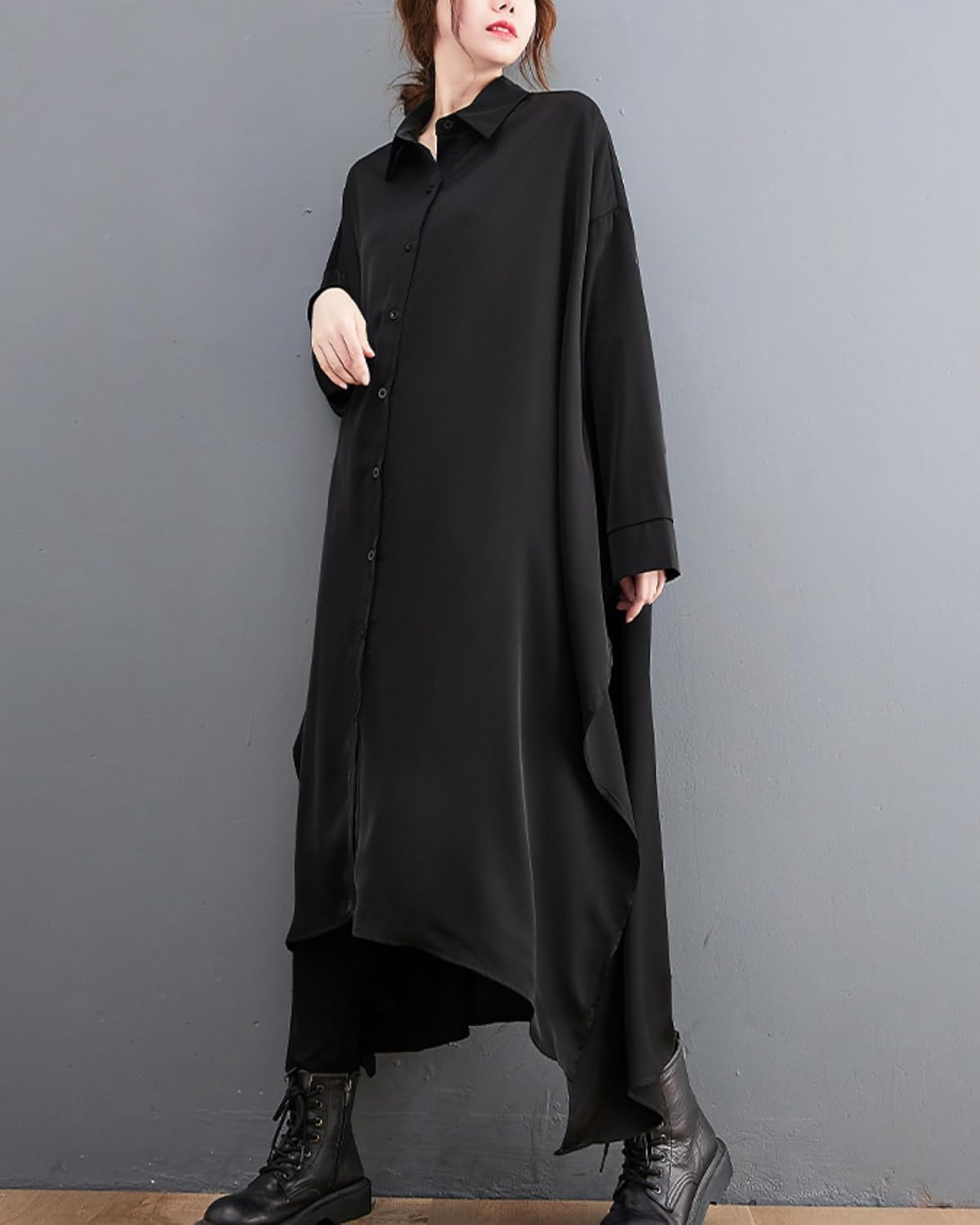 ellazhu Women's Solid Color Button Down Irregular Hem High Up Shirt Dress GZ118 A - Image 5